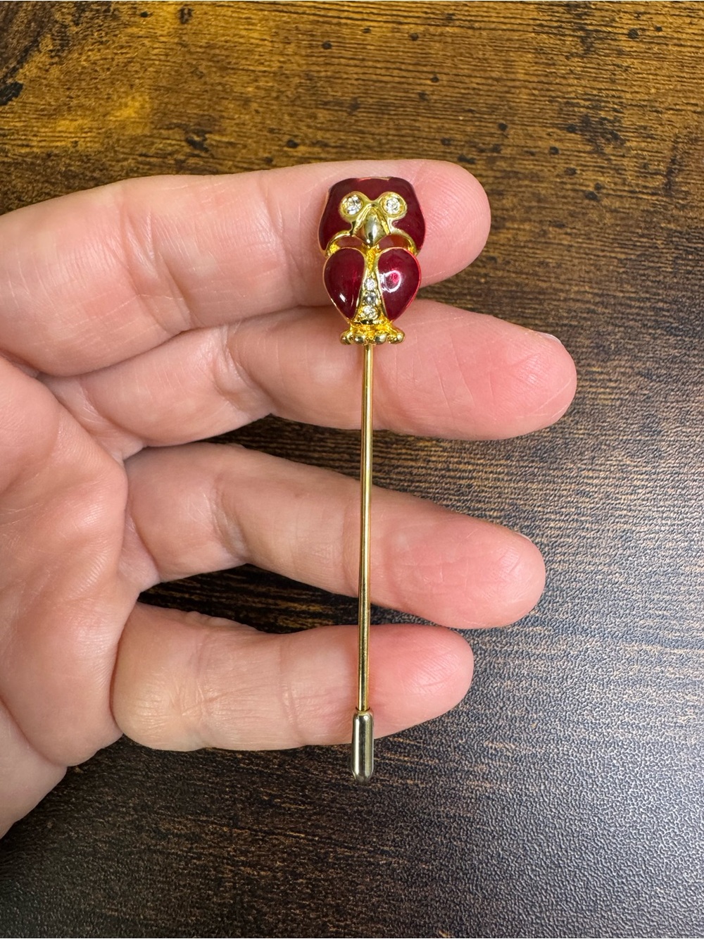 Vintage Gold and Red Enamel Owl Stick Hat Pin